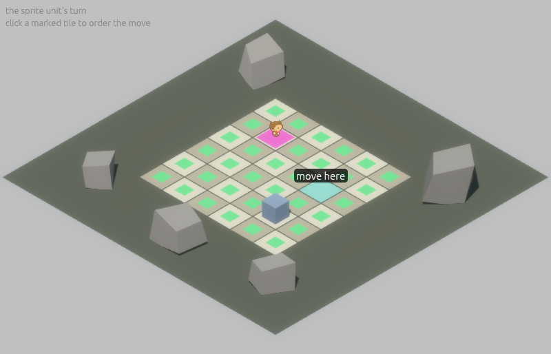 the selected unit, its reachable tiles marked, a hovered tile named