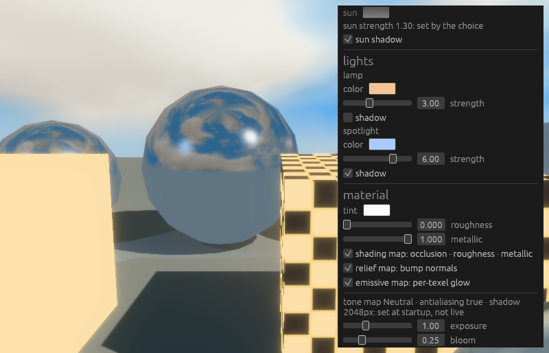 the loaded sky over the scene, reflected in a sphere at roughness zero